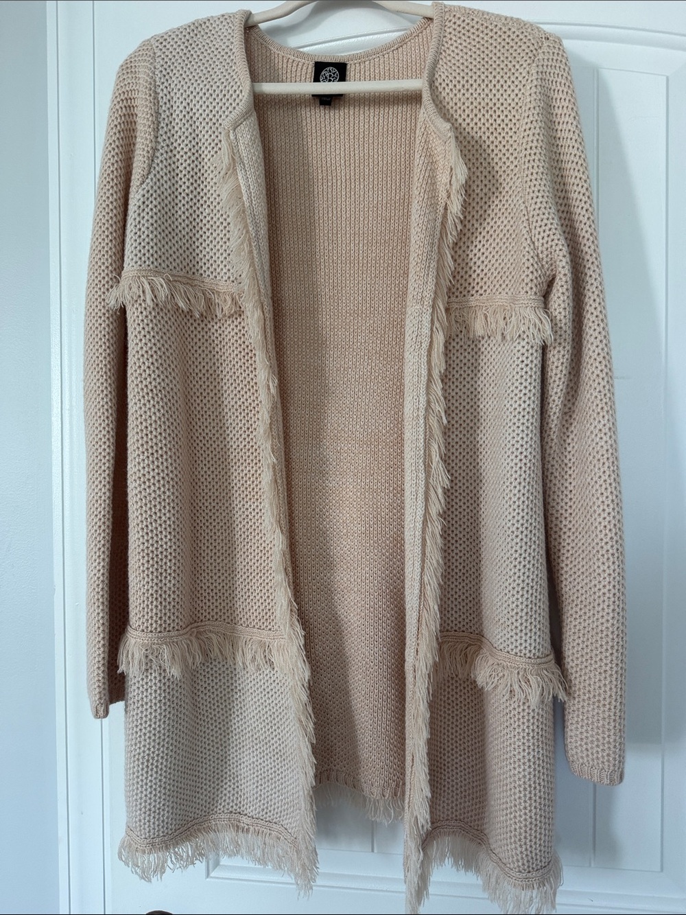Bobeau’s NWOT Light Pink/Blush Cardigan features a soft fringe detail.